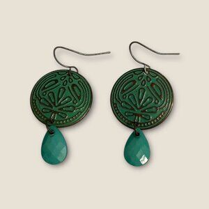 Round Brass Earrings With Turquoise Teardrop Accent & Floral Embossed Design - B